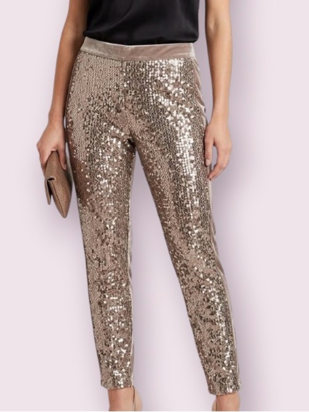 Chico’s Sequins & Crushed Velvet Ankle Pants Pull On Style Champagne Tan Medium